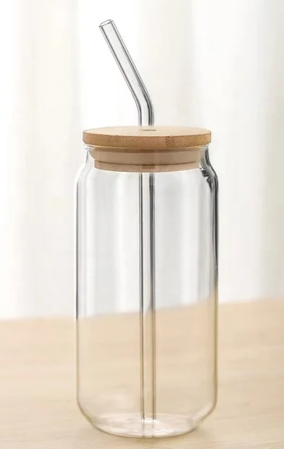 Can Shaped Glass With Bamboo Lid & Glass Straw
