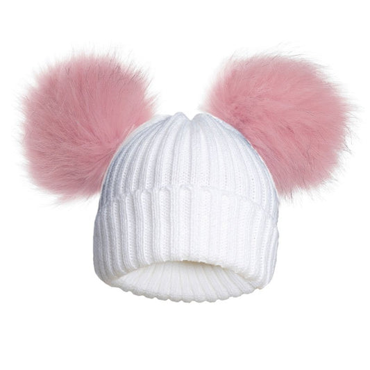 Ribbed Baby Hat With Pom Poms
