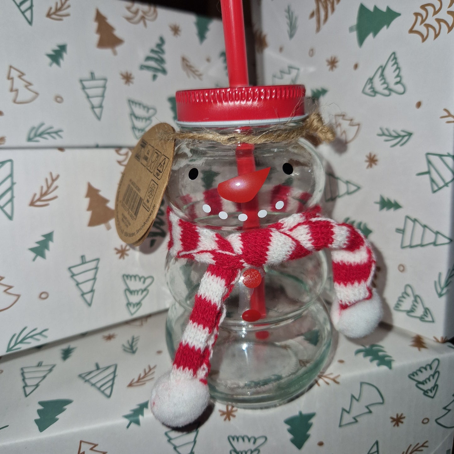 Snowman Glass With Scarf and Straw