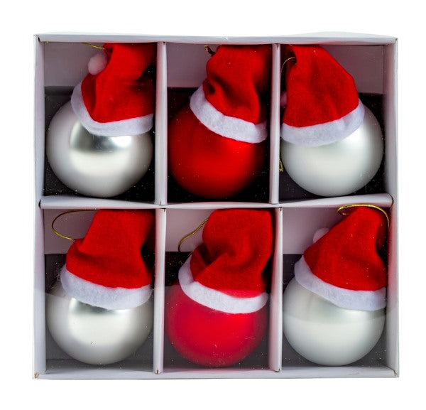 6 Pack Baubles With Santa Hats